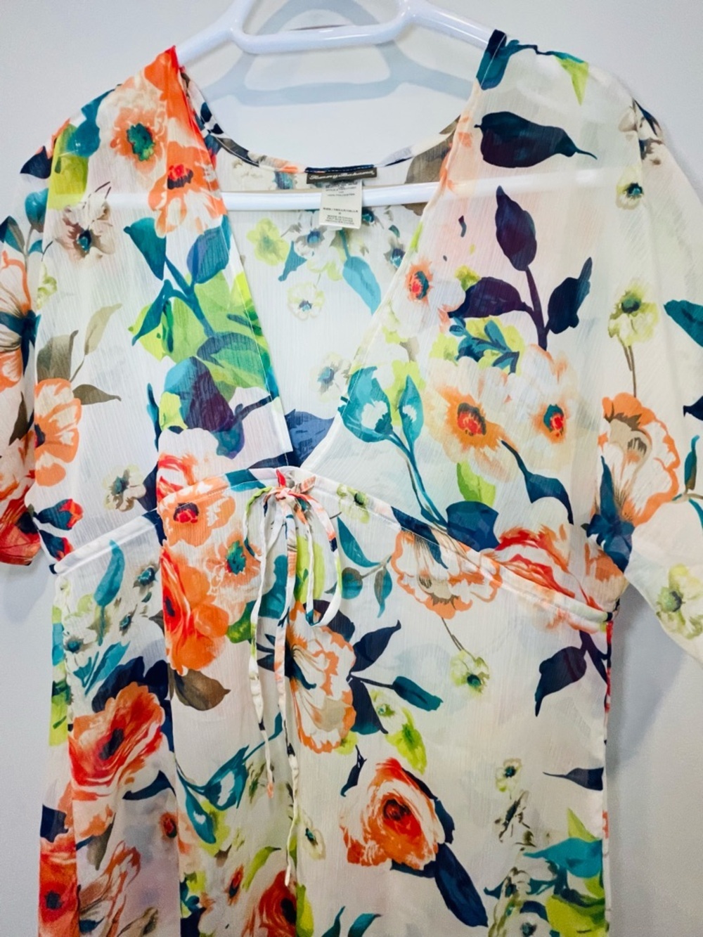 Tommy Bahama White Floral Tie-Front Tunic coverup with Orange & Blue Blooms - Picture 4 of 8
